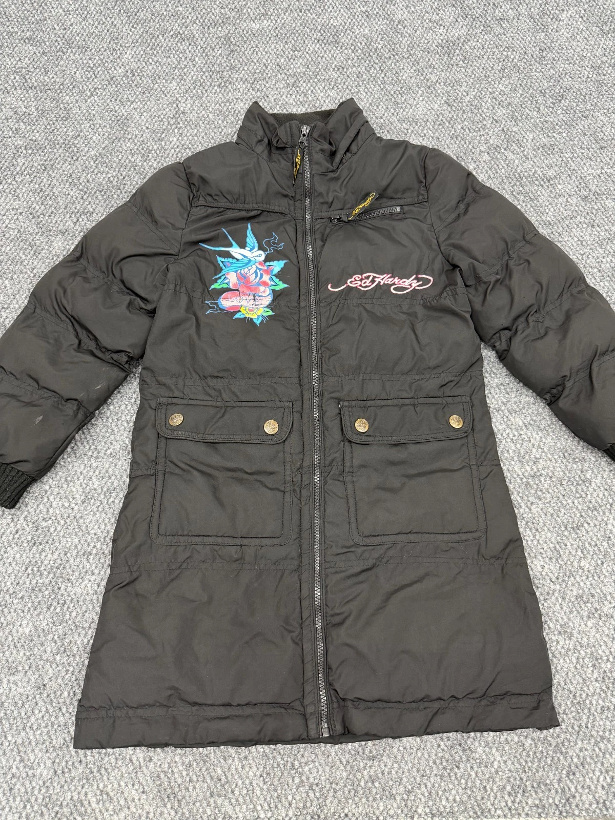 Vintage Ed Hardy Women's Small Puffer Jacket Coat Black Insulated Full Zip Y2K