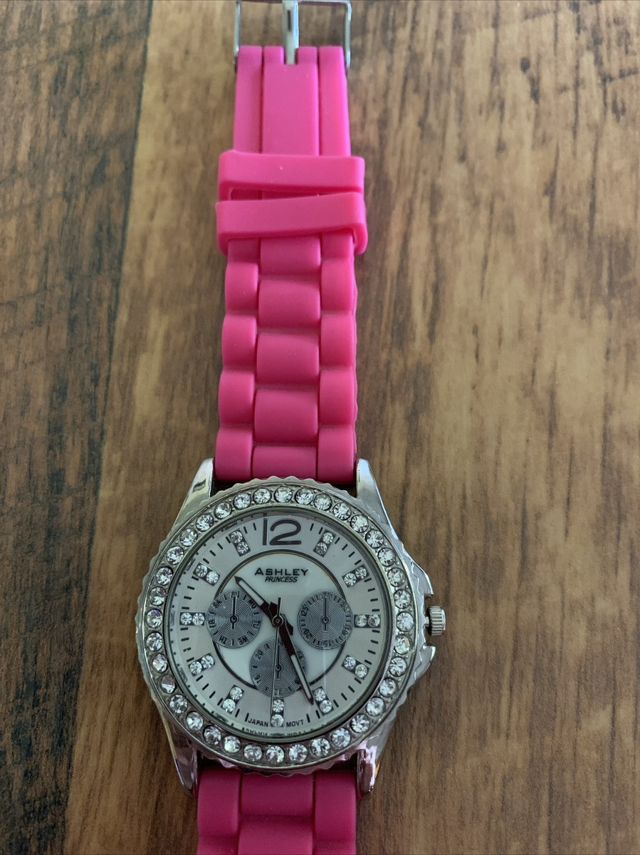 Ashley Princess Pink Silicone Quartz Watch Crystal Bezel Working