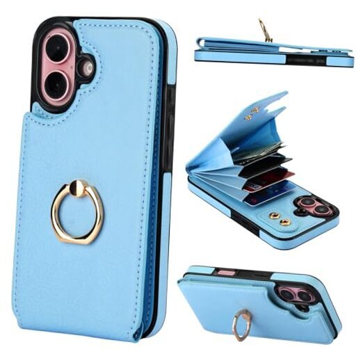 Compatible with iPhone 16 Case Wallet with Card Holder, 360°Rotation Blue