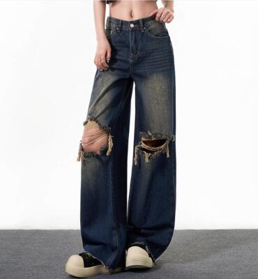 Women's Dark Blue Denim Jeans Straight Leg Knee Ripped Holes Casual Pants  Punk