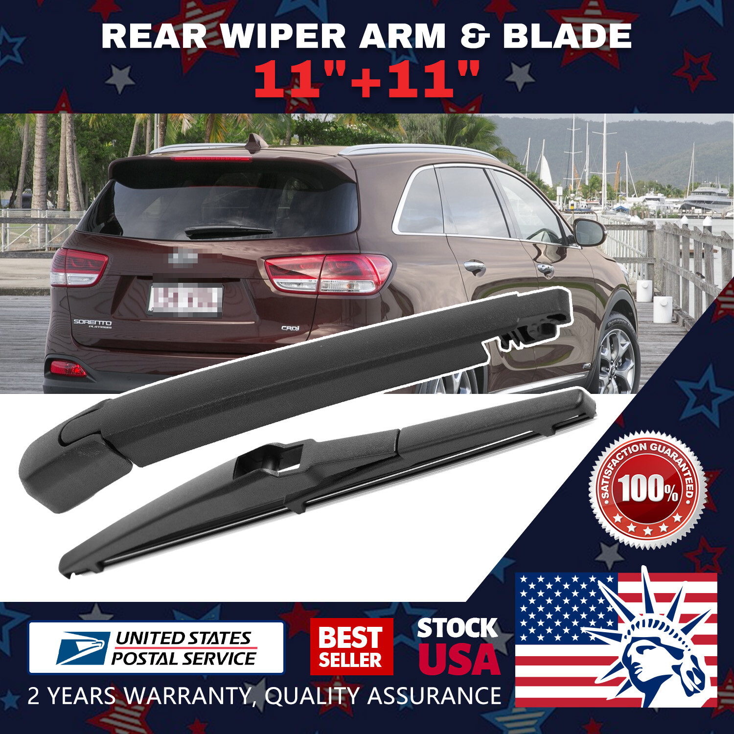 Easy-to-install waterproof 11x11-inch windshield rear wiper arm and blade set