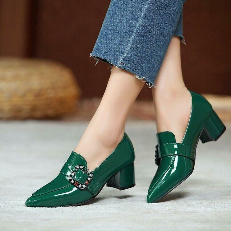 Womens Pointed toe Block Heel Patent Leather Shoes Casual Work