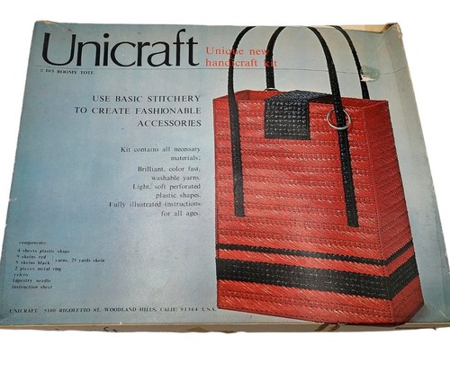 NEUF kit Unicraft vintage années 60 sac à main broderie plastique paille sac sac sac sac fourre-tout rouge noir - Photo 1 sur 4