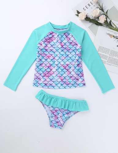 Kids Girls Rash Guard Fish Scales Swimsuits Tops+Bottom Tankini Beachwear Outfit - Picture 26 of 37