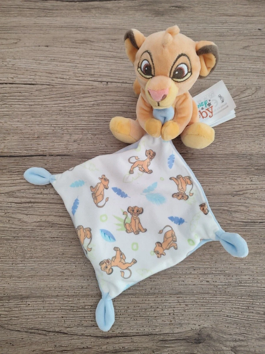 Doudou Simba roi lion jaune orange mouchoir blanc bleu plume Disney Baby