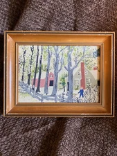 Vtg Grandma Moses Framed Barkcloth - The Red Barn S-955 - C&A Richards Boston MA