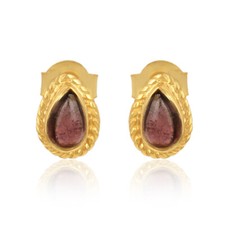 925 Silver Gold Plated Pink Tourmaline Gemstone Designer Studs / Earrings