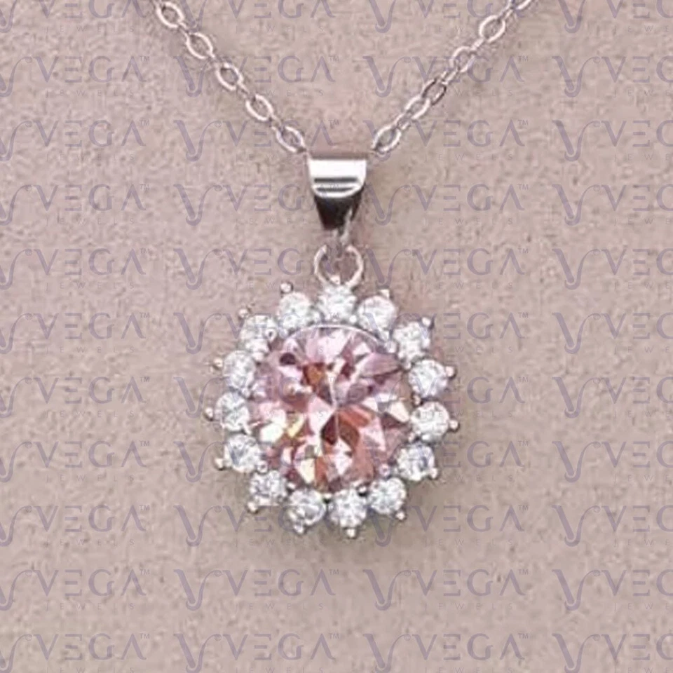 Colgante redondo de diamantes y morganita natural de 4,45 quilates enchapado en oro blanco de 18 k sin cadena Foto 2 de 4