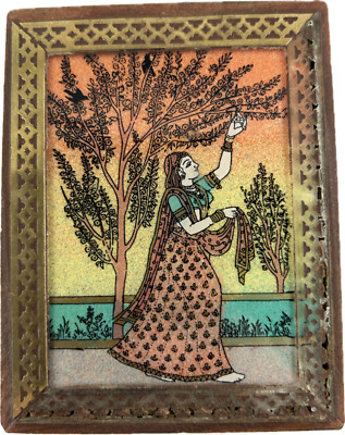 VTG Wooden Trinket Box Lady Picking Olives Glass Gem Stone Painting Brass Border
