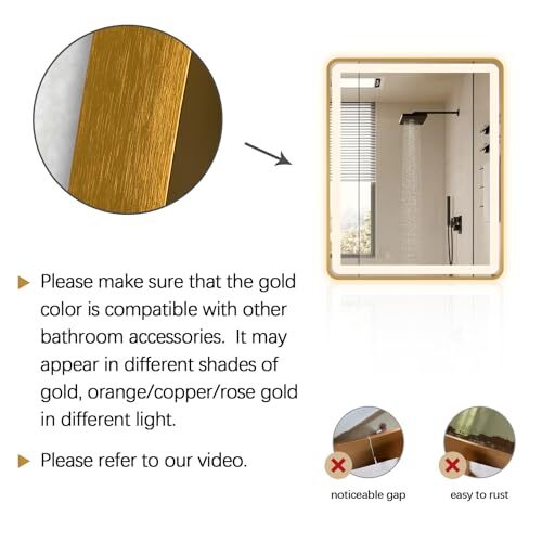 Rectangle LED Bathroom Mirror AntiFog Double Touch 30"x22" Gold Frame