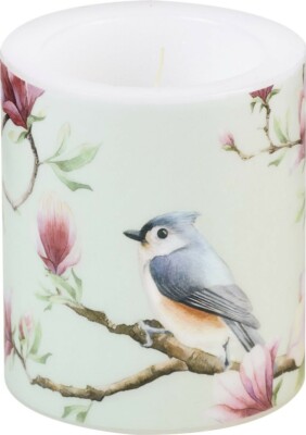 Dekor-Kerze ''Spring Melody'' Singvogel*Vogel*Frühling Ø=9cm*Magnolie*Stumpe rund