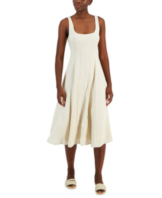 seamed linen blend midi dress Linen-Blend Seamed Midi Dress