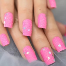 24 Medium Press on Nails kit glue on hot pink glitter square kawaii