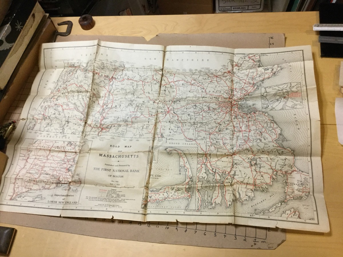 Vintage Origianl -- Road Map of MASSACHUSETTS may 1922 aprox 24 x
