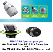 Niagara 2 pc Set -Tri Max 3 flow Faucet Aerator & 1 DUAL MAX 2 Flow Shower Head 