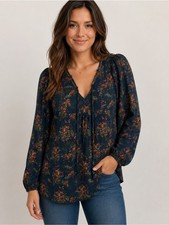 NATURAL LIFE Navy Floral Long-Sleeve Peasant Top Flowy Boho Cottagecore Romantic