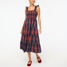 J. CREW Factory Plaid Cotton Poplin Smocked Tiered Midi Dress Red Blue {RR24}