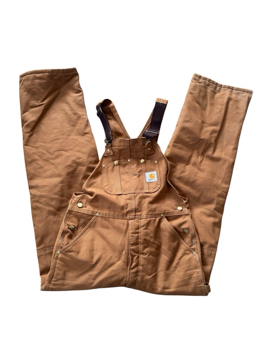 Carhartt R02 BRN Brown Duck Bib Overalls 34x32 Red Quilted Lined 