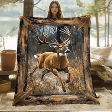 Deer-Themed Blanket: Running Buck in Wooded Scene, Rustic Cozy Home Throw