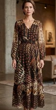 SUD Express Maxi Dress Womens Sz S Animal Print Smocked Waist Tiered Boho V-Neck
