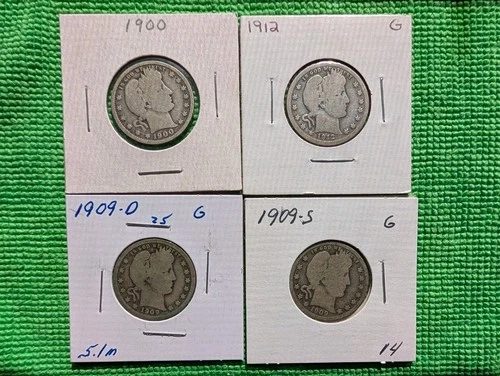 Barber Quarters, 1900, 1909-D, 1909-S, 1912 Lot of 4 90% Silver Coins
