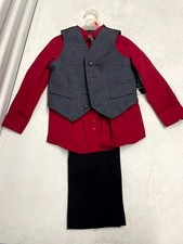 George Dress Outfit Set Boys 4 Red Black Plaid Houndstooth Vest Tie  Black Pant