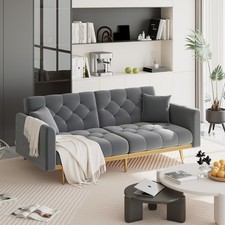 Adjustable Velvet 2-Seater Sofa Bed w/ Gold Legs, Grey Living Room Sofa