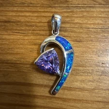 LRG Trillium Amethyst & Blue Opal Inlay 925 Sterling Silver Pendant AK Signed