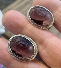 Vtg Whiting & Davis Silver Tone Carved Purple Cameo Clip On Earrings Victorian