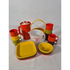 Vtg Tupperware Kids Toy Set 18pc Pitcher Plates Bowls Mugs 70s Earth Tones