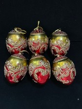 VTG Set of 6 Blown Glass Egg Shaped Red Gold Embossed Christmas Ornaments 5.5  