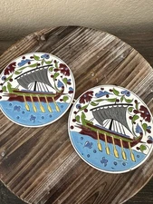 Set of 2 Handmade Greece Coasters Niarchos Smaltotechniki Ships Warrior
