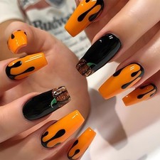 24PCS Halloween Press-On Nails - Orange/Black Drip Glitter Design