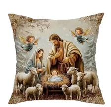 NATIVITY SCENE MANGER Christmas Linen Throw Pillow Cover Winter Holiday Decor