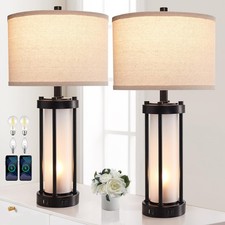 Roria Set Of 2 Modern Table Lamps For Living Room 2 Usb Ports White Frosted
