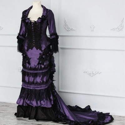 Purple Black Gothic Prom Dresses Long Sleeve Ruffles Lace Applique Evening Gowns