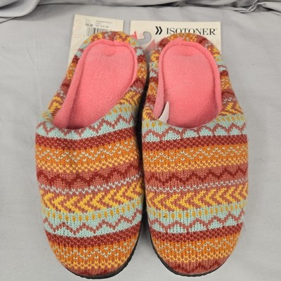Totes Isotoner Slippers Women s 9.5-10 Orange Striped Memory Foam Washable 