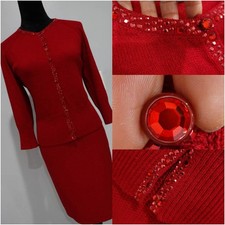 ST JOHN RED Rhinestone Accent KNIT SUIT; JACKET Cardigan SZ P 2,4 SKIRT SZ 2