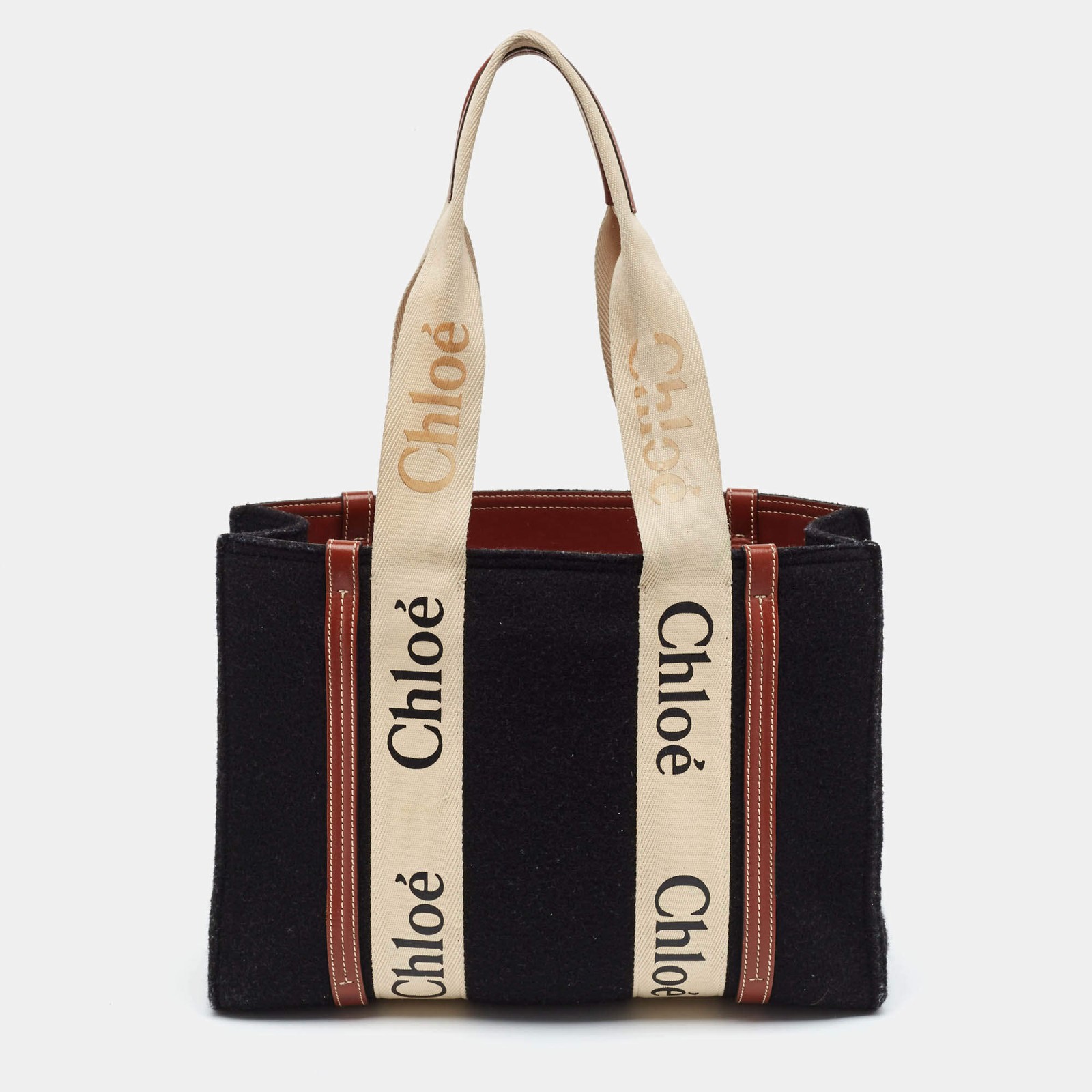 Chloe Woody Medium BlackBeige Wool and Leather Tote