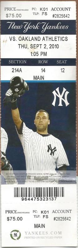 CC Sabathia Win #155  9/2/2010 Yankees at A's Full Ticket Posada HR 260