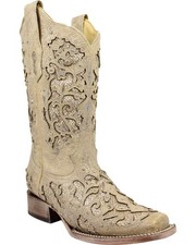 Corral Women's White Glitter and Crystals Western Boot - Square Toe - A3397
