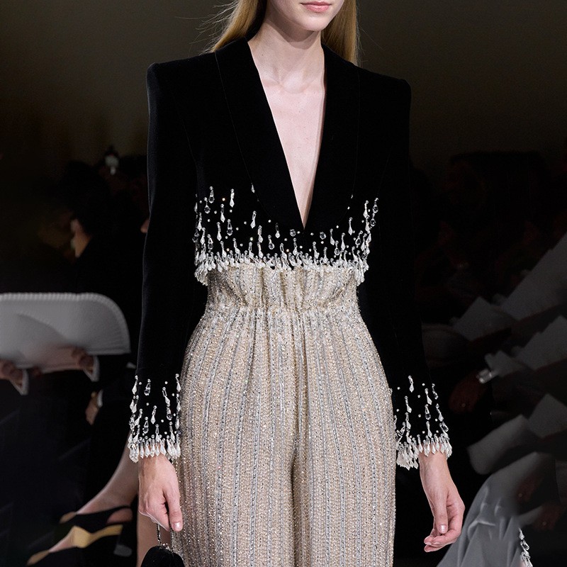 Fashion Blazer Women's Rhinestone Splicing Design Long-sleeved Short Suit Coats