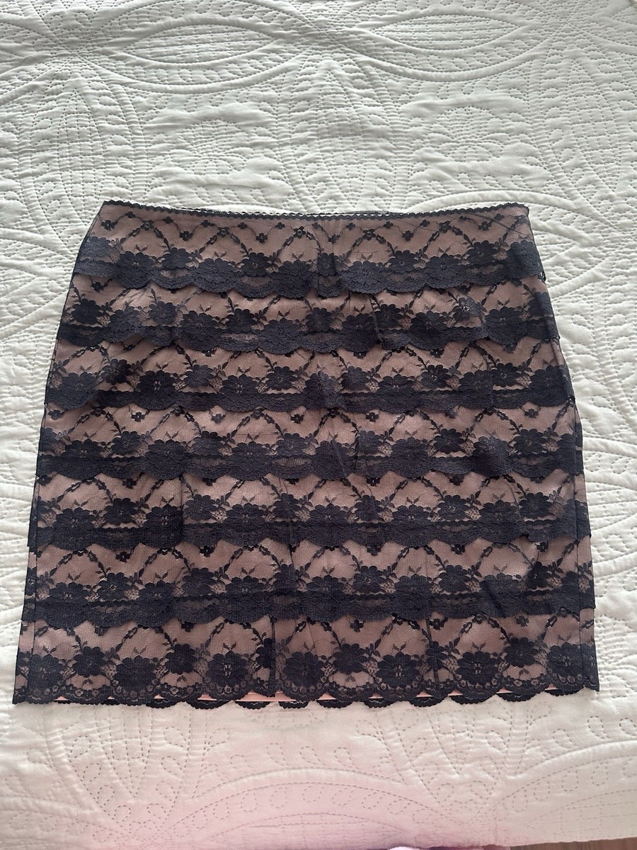 Miin  XXI Black Lace Mini Skirt Tan Lining Sz Lg Elegant Chic | eBay