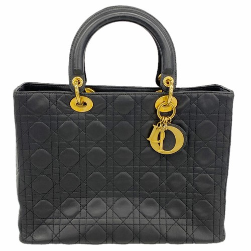 Auth [6kb0887] Christian Dior Handbag Canage Lady Dior Leather Black Gold me...