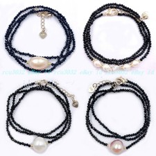 Faceted 3mm Black Spinel Round Gems Beads White Pearl Pendant Necklace 18inch