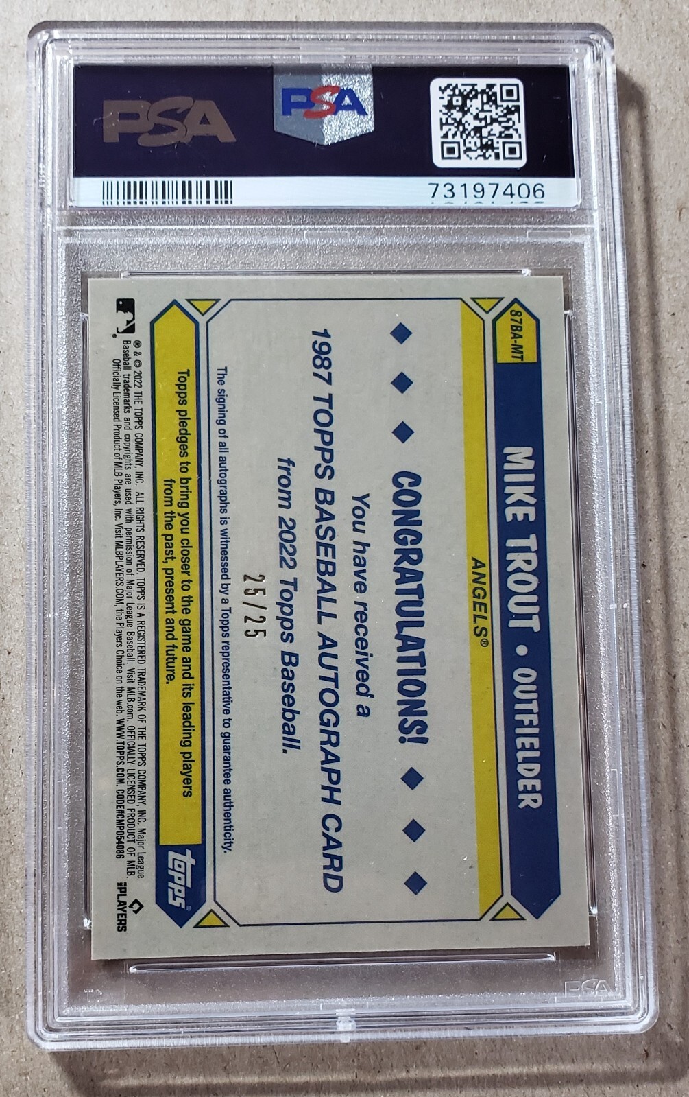 2022 Topps Chrome 1987 Design Orange Refractor Mike Trout Auto 25/25 PSA 9 view 2