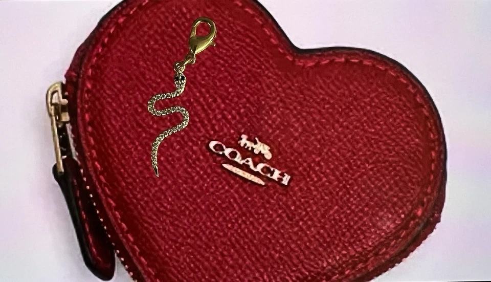 Genuine Coach Dark Ruby Red Heart Pouch Bag Charm Coin Case + Snake Charm NWT