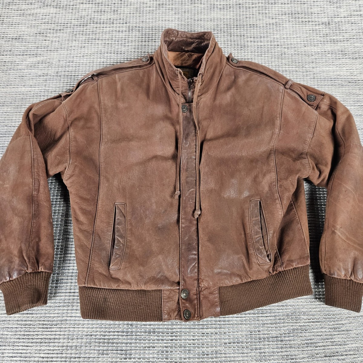 Vintage 1980s Leather Jacket Hunters Run Brown With Map Design 