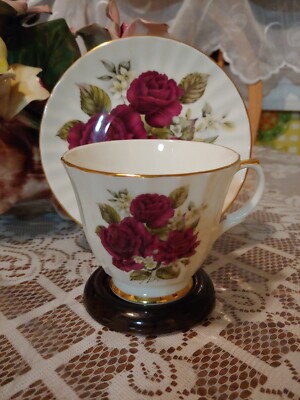 Vintage Cup and Saucer with Stand, Duchess Fine Bone China Dark Red Roses