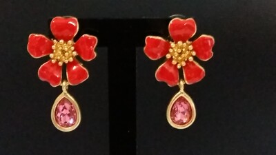 Oscar de la Renta - Ohrringe rote Blume und Kristalltropfen